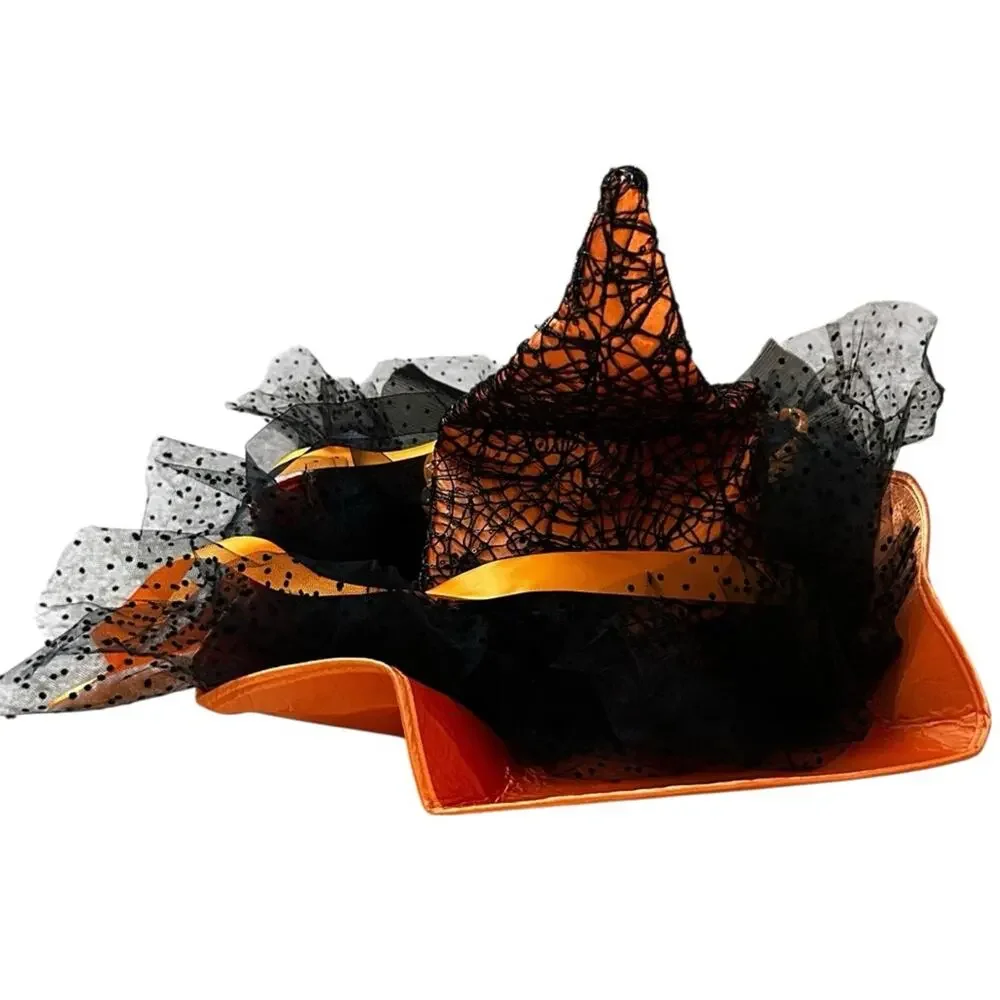NWOT Halloween‎ Witches Hat Orange & Black Tulle Ribbons Bow Spider Webs Youth